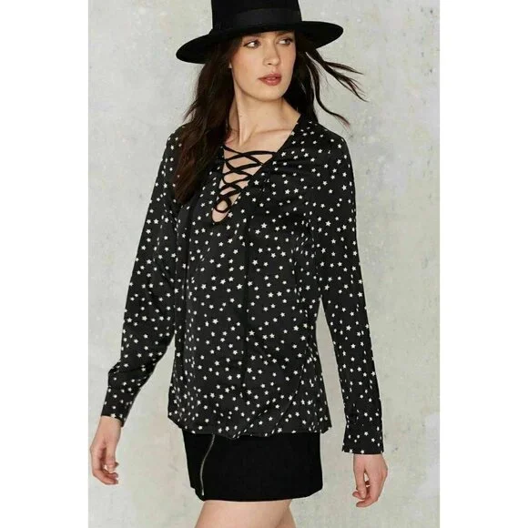 Nasty Gal Black Lioness Night Lace up Blouse Small - Picture 6 of 6